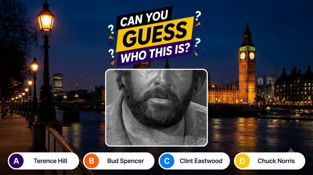 A black and white close-up of a bearded man s lower face presented as a quiz question overlaid on a nighttime scene of L
