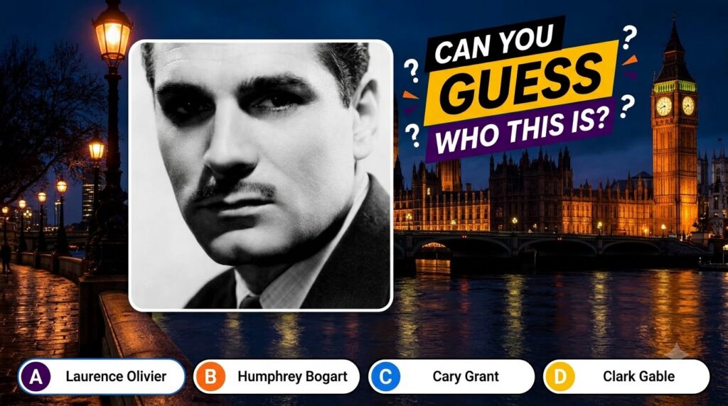 A black-and-white cropped portrait of a man with a mustache part of a celebrity quiz The background shows a nighttime ci