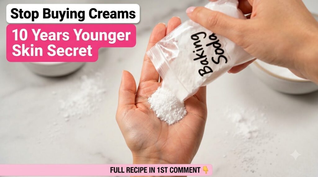 A hand pouring white powder likely baking soda into the palm of another hand creating a small pile of powder