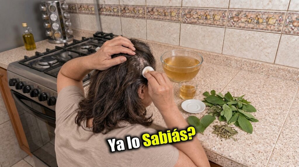 A person applying an amber-colored liquid to their scalp with a white cotton pad with a bowl of the liquid on a kitchen 