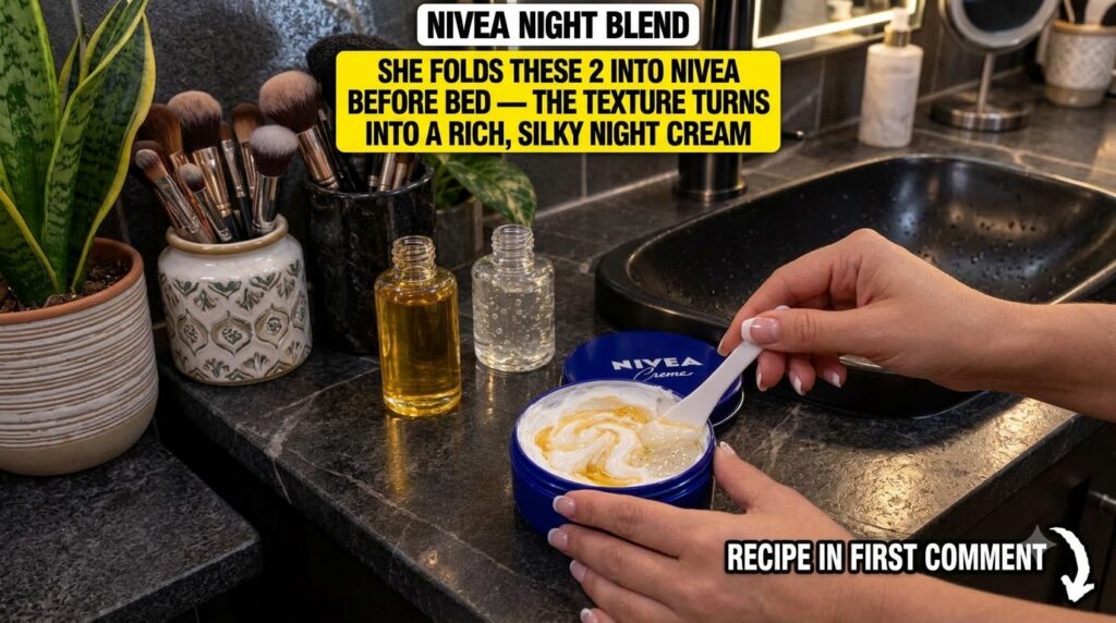 Hands mixing NIVEA Creme clear aloe vera gel and golden rosehip oil in a jar with a white spatula Small bottles of liqui