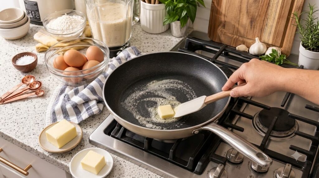 Overhead shot of vegan butter melting in a non-stick pan on a gas stovetop with a hand using a white spatula to spread i