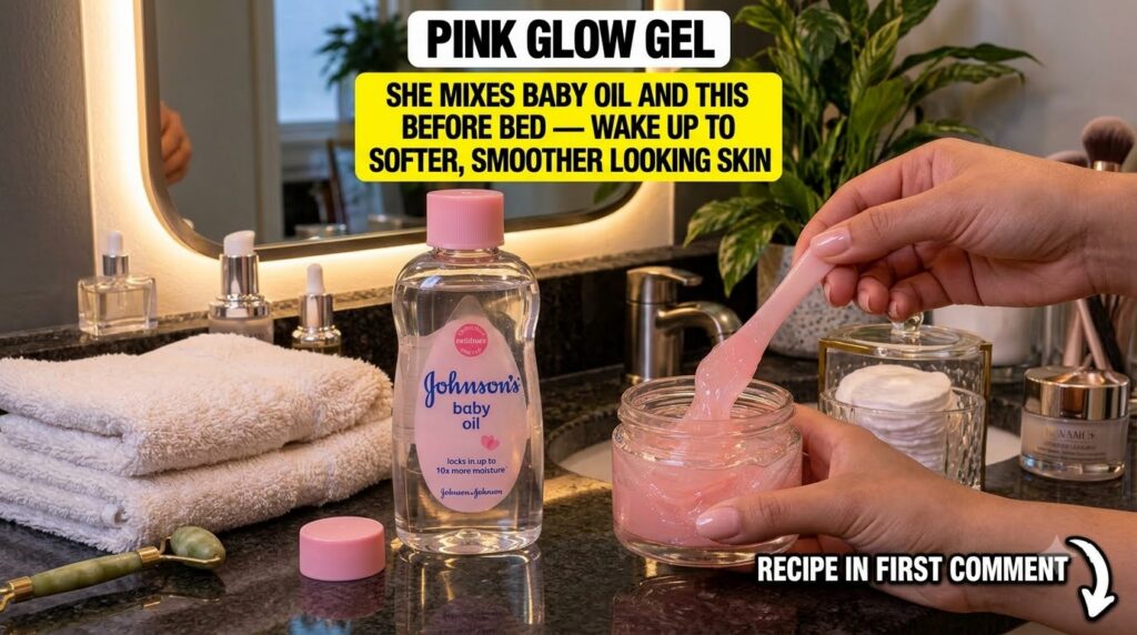 A hand gently stirring a translucent pink glow gel in a glass jar with a pink spatula with a bottle of Johnson s baby oi