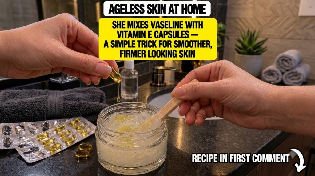 Close-up of hands squeezing Vitamin E oil from a capsule into petroleum jelly in a clear jar being mixed with a wooden s