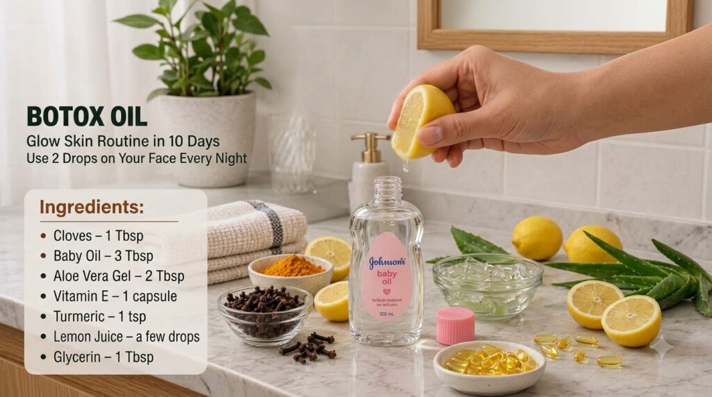 A collection of natural ingredients arranged on a bright marble surface centered around an open bottle of Johnson s Baby