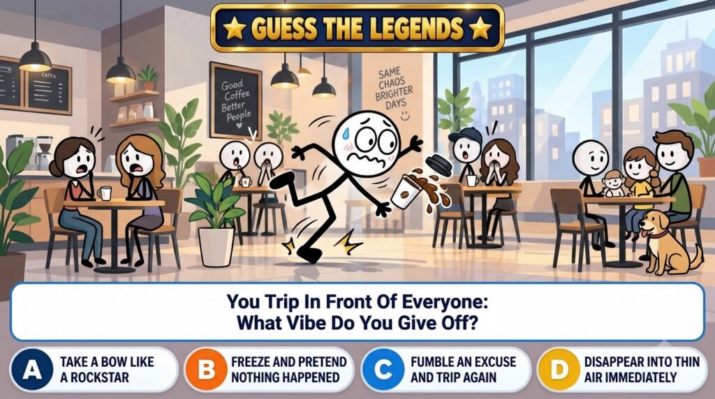 A stick-figure character mid-fall spilling coffee in a bustling cafe with other stick figures reacting with shock and su