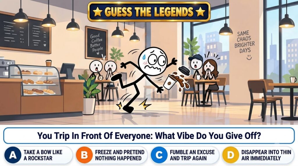 A mobile game interface titled Guess The Legends showing a stick figure tripping and spilling coffee in a cafe with mult