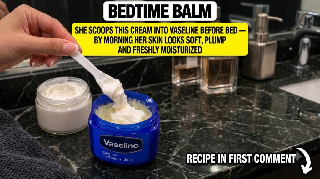 Hands mixing a thick white cream into a blue jar of Vaseline petroleum jelly with a white spatula A second jar of cream 