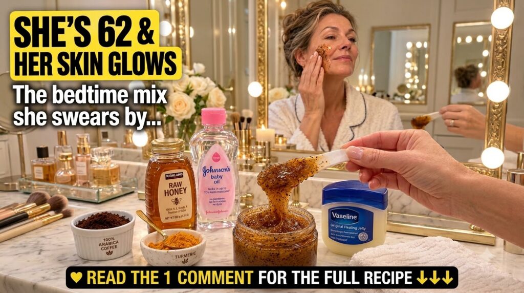 A woman in a bathrobe applying a homemade facial scrub to her cheek with a contented expression In the foreground a hand