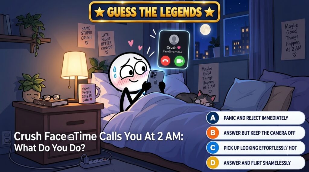 A cartoon stick figure character lying in bed wide awake and flustered holding a smartphone displaying an incoming FaceT