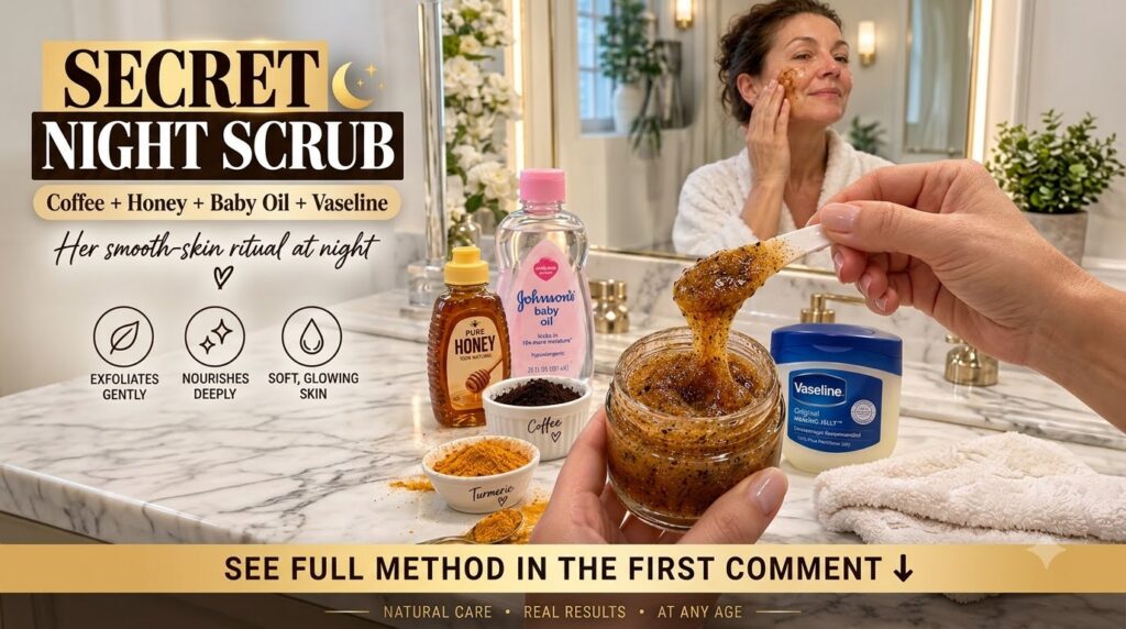 A homemade night scrub in a jar with a hand holding it and a spatula lifting some scrub to show texture Key ingredients