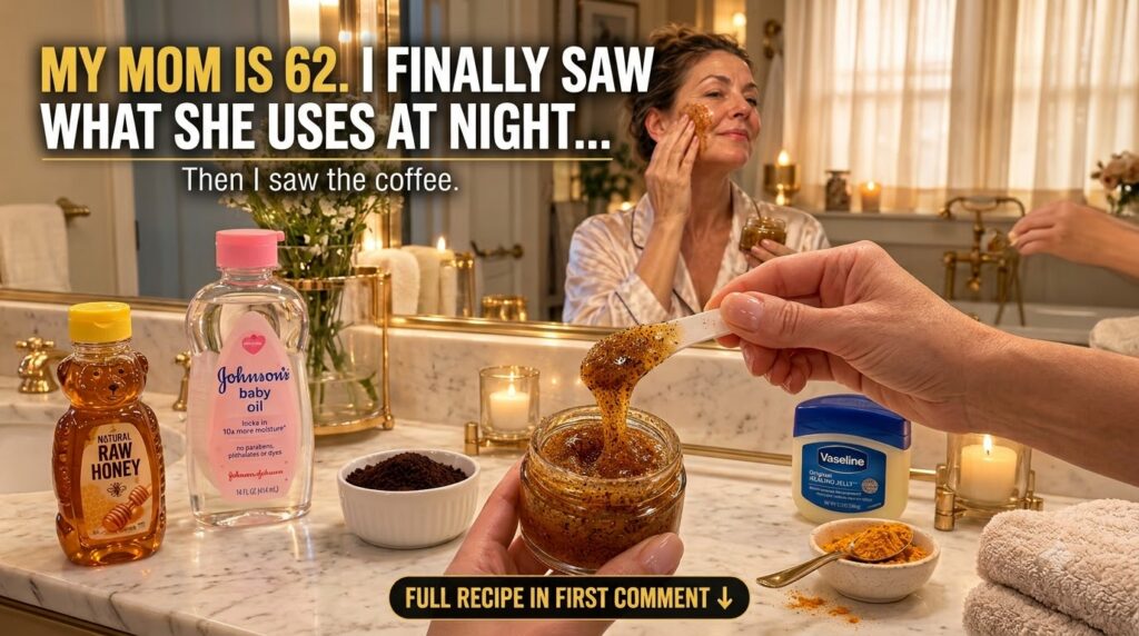 A homemade beauty scrub primarily composed of honey and coffee being scooped from a jar In the background a woman is app