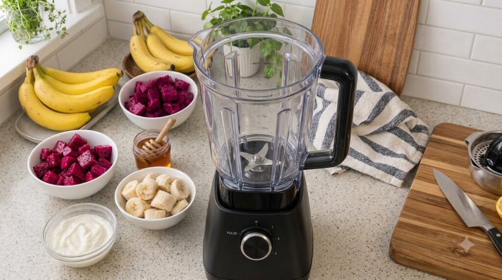 An overhead shot of an empty blender on a kitchen counter surrounded by fresh smoothie ingredients like diced dragon fru