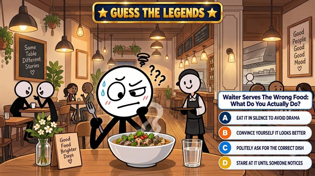 A minimalist 2D animated stickman customer looks confused at a bowl of steaming food served by a smiling waiter in a res