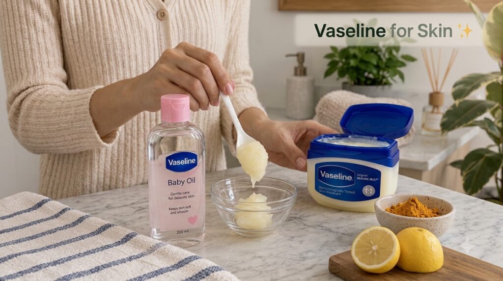 Hands scooping Vaseline into a small glass bowl with a bottle of Vaseline Baby Oil a large jar of Vaseline Original Heal