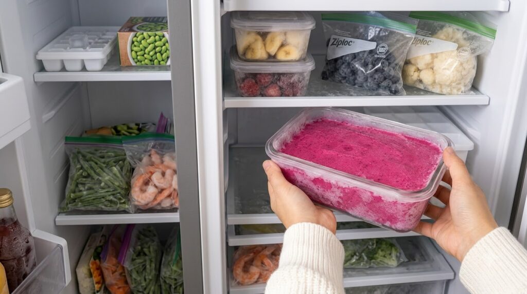 Hands holding a vibrant pink frozen smoothie in a clear glass container placing it into a freezer stocked with other fro