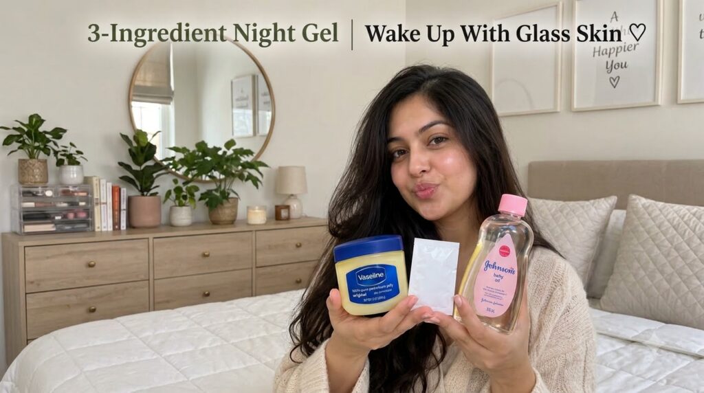 A woman holding Vaseline a white sachet and Johnson s baby oil making a playful kiss face