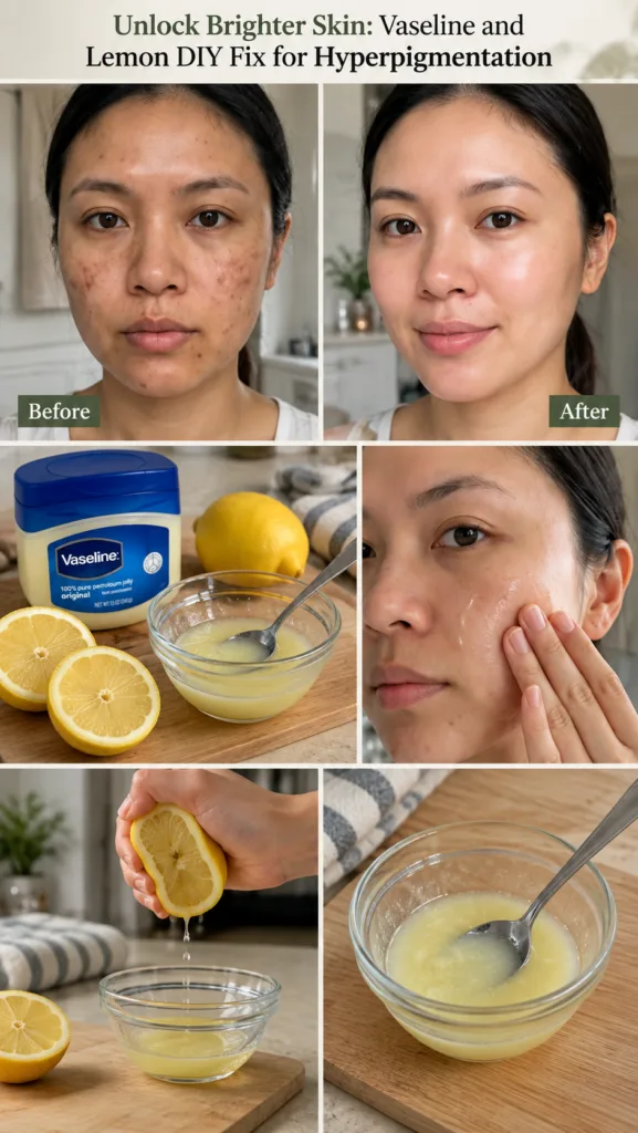 A six-panel collage showing Before and After skin results alongside the ingredients Vaseline and lemons the mixing proce