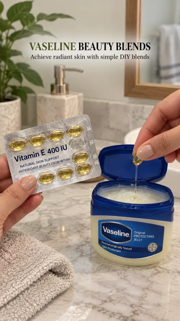 A close-up of hands squeezing a Vitamin E capsule s golden oil into a jar of Vaseline set in a clean bathroom with marbl
