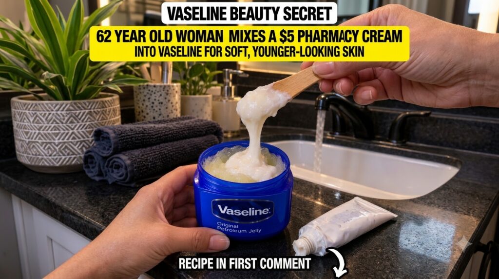 Hands mixing a white cream into a blue jar of Vaseline with a wooden stick The cream is thick and viscous with a tube of