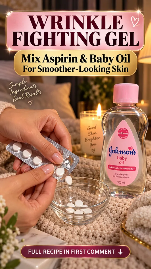 Close-up of hands dispensing aspirin tablets from a blister pack into a glass bowl next to a bottle of baby oil A lit ca