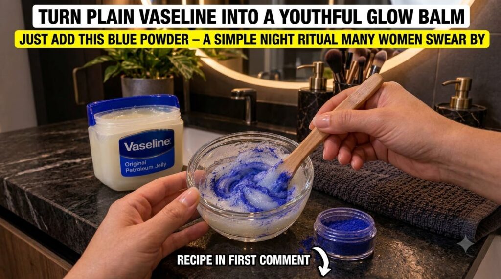 A close-up of hands mixing vibrant blue azulene powder into white petroleum jelly Vaseline in a clear glass bowl with a 