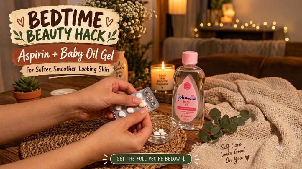 Hands preparing aspirin pills next to a bottle of Johnson s baby oil with a lit candle and potted plant in the backgroun