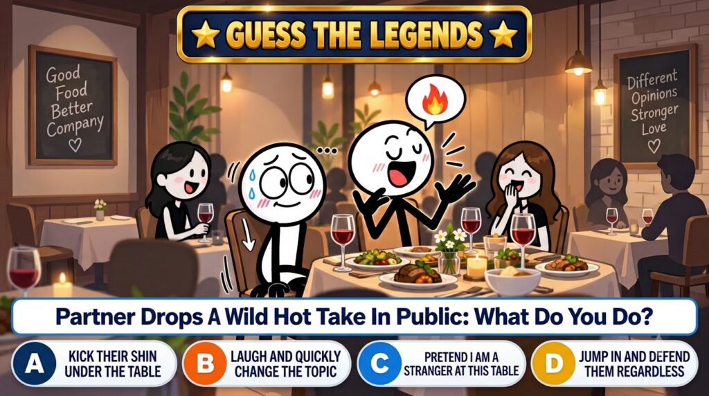 A cartoon-style scene in a restaurant with four characters One character is animatedly speaking with a flaming hot take 