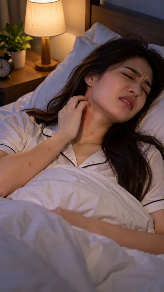 Una mujer joven asiática en la cama rascándose el cuello con irritación en la piel indicando malestar nocturno debido a 