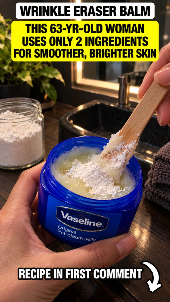A close-up of a hand mixing white kaolin clay powder into a blue jar of Vaseline petroleum jelly with a wooden stick In 