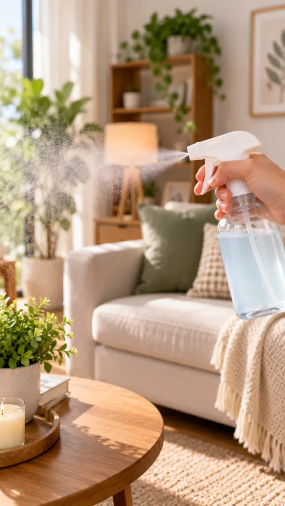 A hand spraying mist from a clear bottle into a cozy indoor scene with plants and soft sunlight
