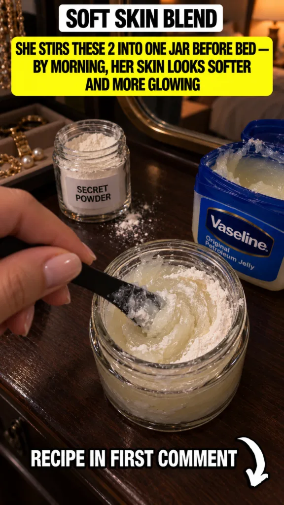 A close-up of a hand mixing white cosmetic-grade zinc oxide powder into petroleum jelly Vaseline in a small glass jar wi
