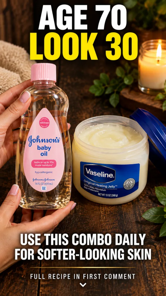 A pair of hands holding a bottle of Johnson s Baby Oil next to an open jar of Vaseline Original Healing Jelly on a dark 