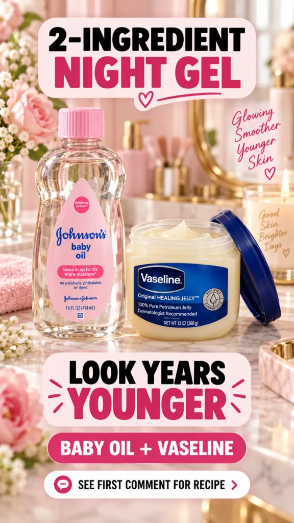 A bottle of Johnson s baby oil and a jar of Vaseline Original Healing Jelly on a polished marble surface with blurred pi
