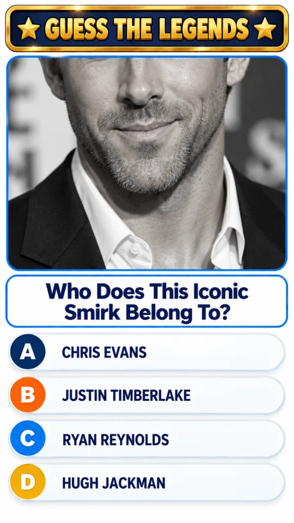 A mobile quiz game interface showing a black and white close-up of a man s face with a subtle smirk cropped to show his 