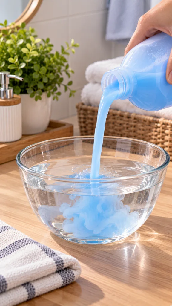 A hand pouring a blue liquid from a bottle into a glass bowl filled with water creating swirls as it diffuses The scene