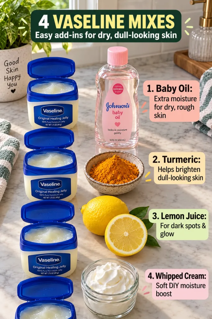 Four DIY Vaseline mixes for skincare neatly arranged on a countertop Includes open tubs of Vaseline baby oil turmeric po