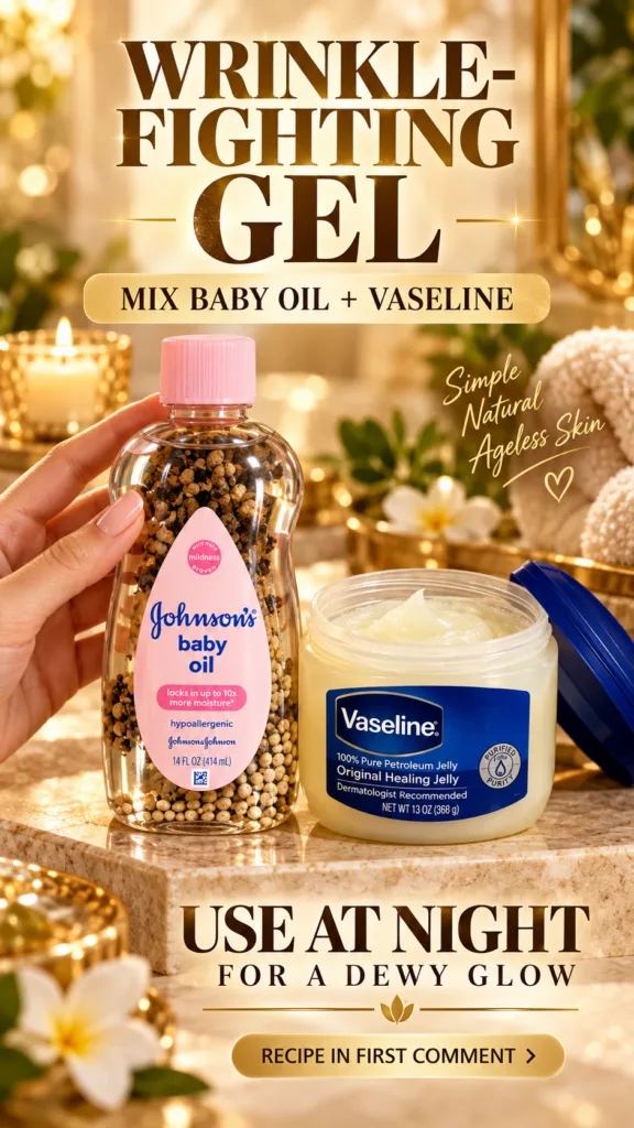 A hand holding a bottle of Johnson s Baby Oil and a jar of Vaseline Petroleum Jelly on a light marble surface with a war