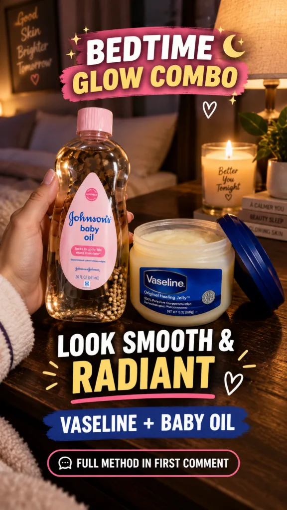 A hand holding a bottle of Johnson s baby oil next to a tub of Vaseline Original Healing Jelly on a dark wooden surface 