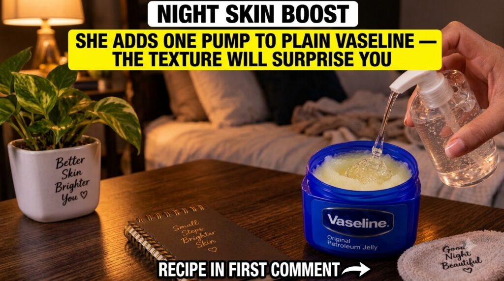 A hand dispensing a clear viscous liquid from a pump bottle into a tub of Vaseline petroleum jelly creating a small moun