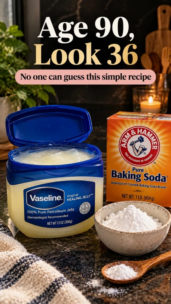 An open jar of Vaseline Petroleum Jelly and a box of Arm Hammer Baking Soda on a dark countertop with a small bowl of ba