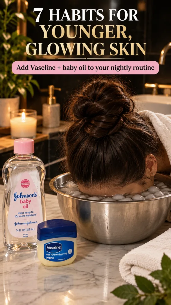 A person submerging their face into a bowl of ice water with a bottle of baby oil and a small container of Vaseline near