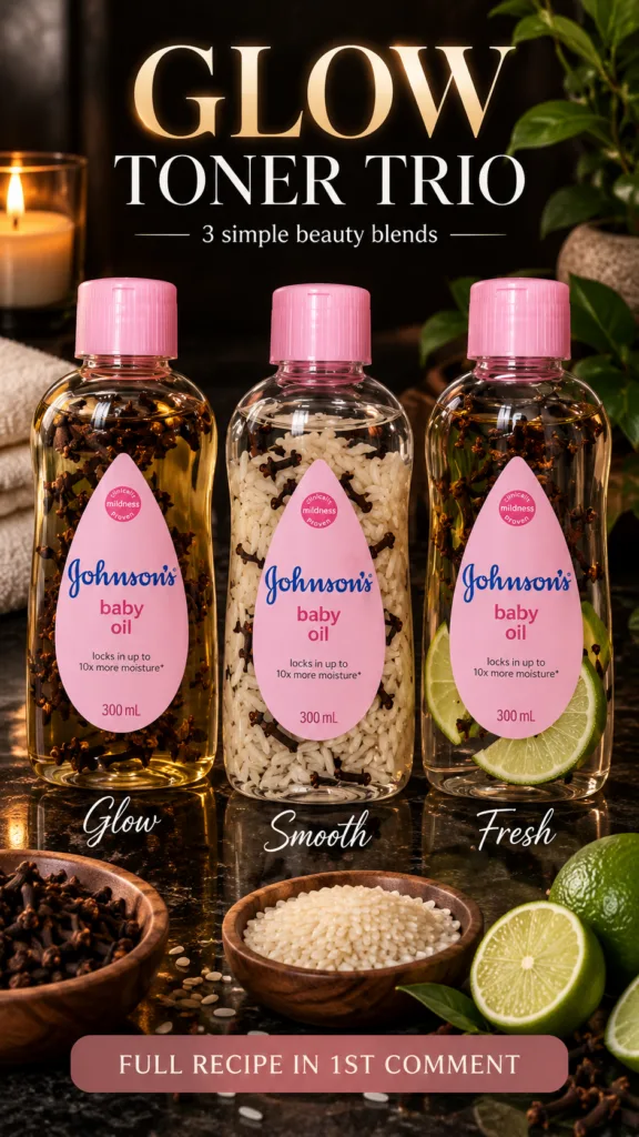 Three clear bottles of Johnson s baby oil infused with rice cloves and lime slices respectively Below each bottle are sm