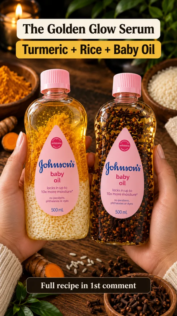 Hands holding two DIY golden glow serum bottles made with turmeric rice and baby oil surrounded by raw ingredients on a 