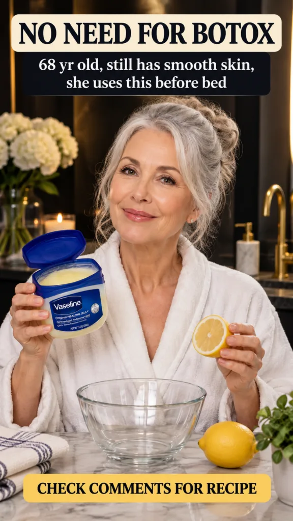 An elegant older woman with glowing youthful skin in a white bathrobe holding a jar of Vaseline and a lemon half A luxur
