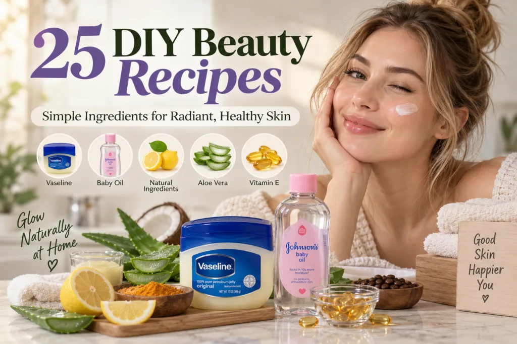 A collection of DIY beauty ingredients and products including Vaseline baby oil aloe vera lemons turmeric coffee beans a