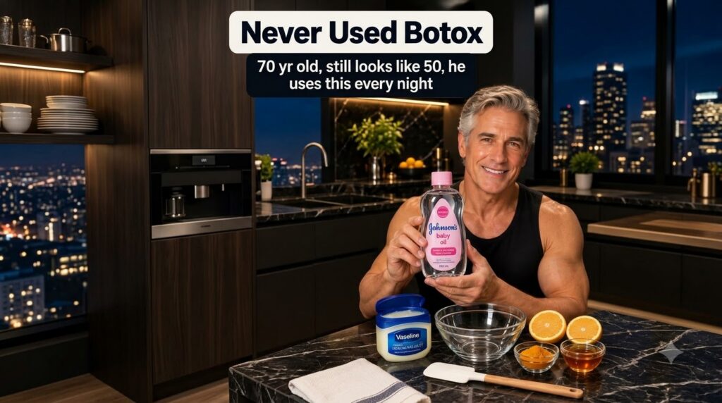 A smiling well-preserved man in a modern kitchen holding a bottle of baby oil On the counter are Vaseline mixing bowls s
