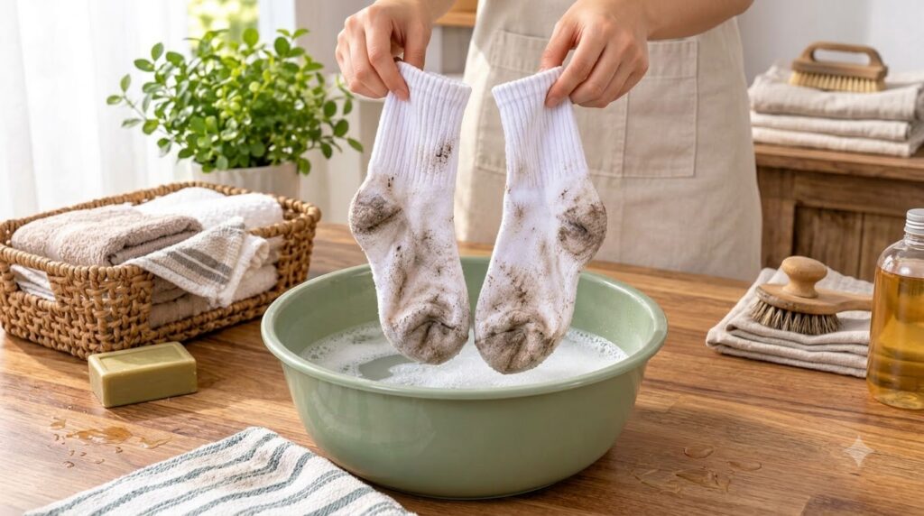 A person s hands holding two visibly dirty white socks suspended just above a sage green basin filled with foamy soapy w