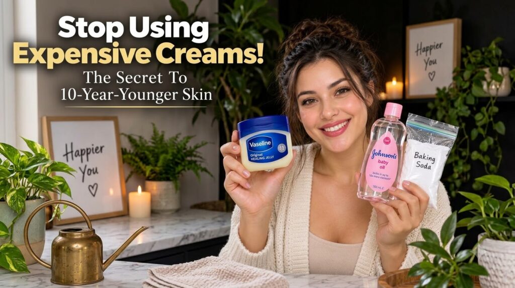 A smiling woman holds up a jar of Vaseline a bottle of Johnson s baby oil and a bag of baking soda in a cozy setting wit