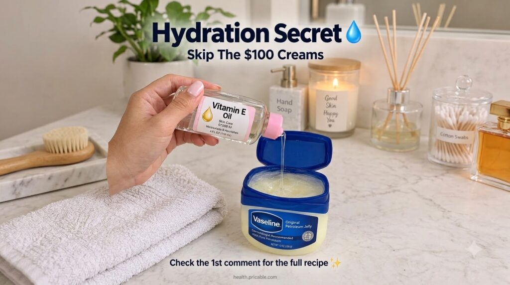 A hand pouring Vitamin E oil from a clear bottle into a tub of Vaseline Original Petroleum Jelly on a clean counter with